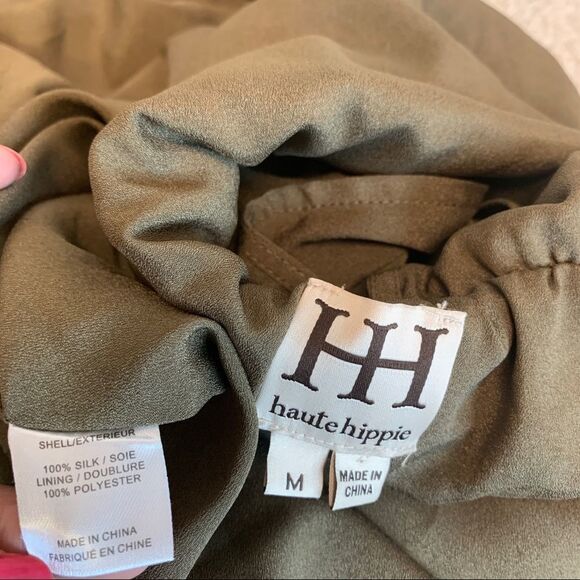 Haute Hippie asymmetrical Military green grommets silk dress Sz M - Picture 9 of 13